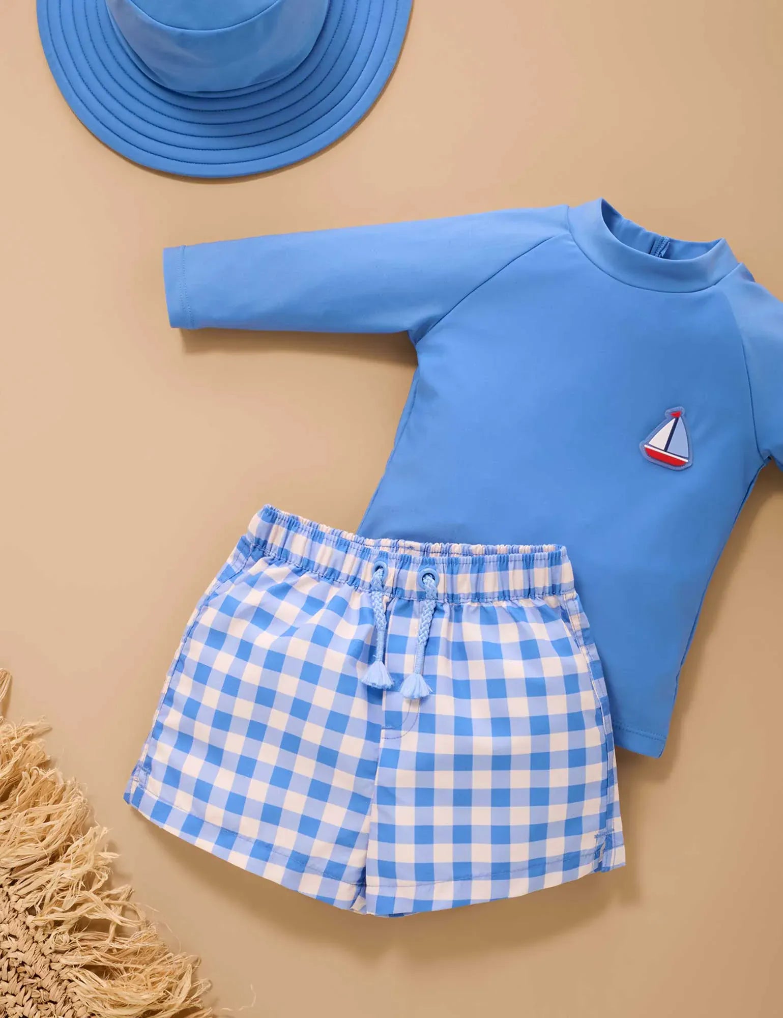 Purebaby Boys Swimwear Blue Jay Gingham Board Short & Rashie Set