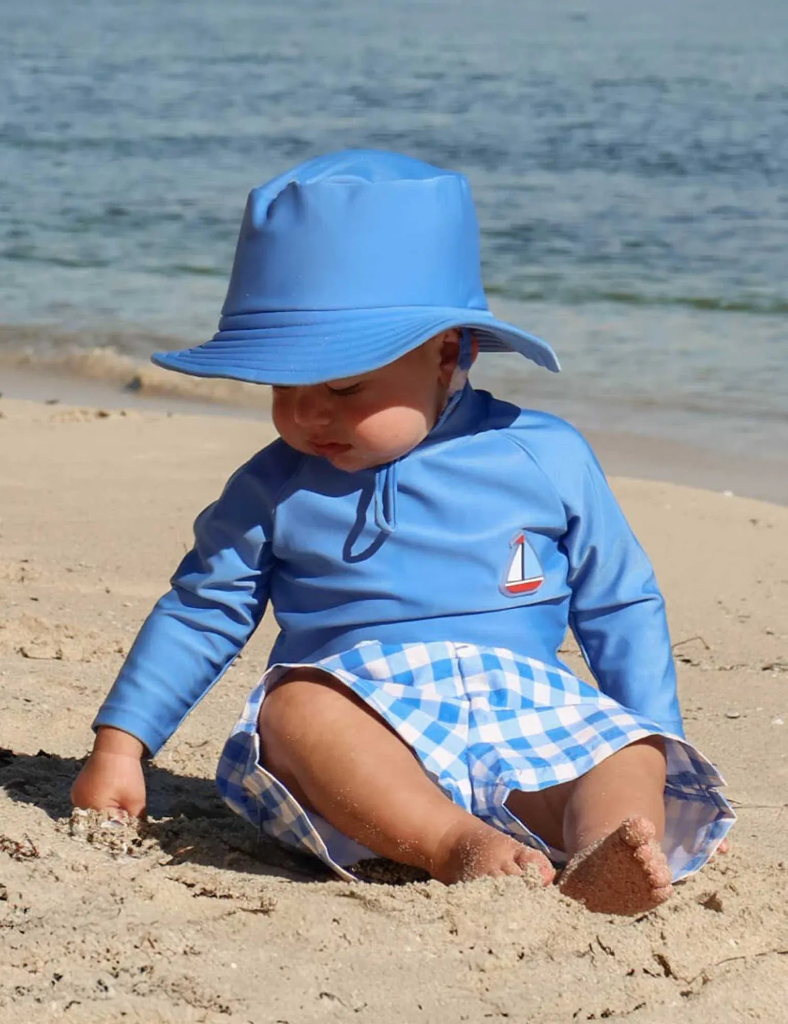 Purebaby Boys Swimwear Blue Jay Gingham Board Short & Rashie Set