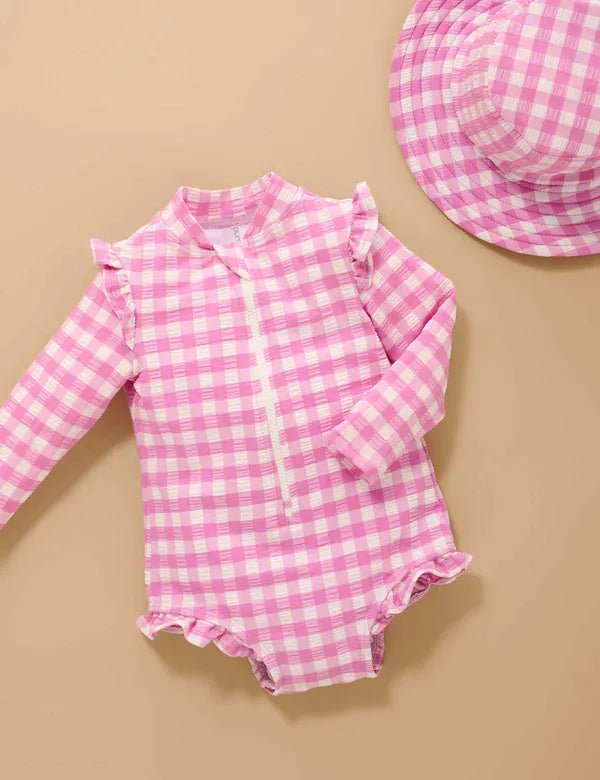 Purebaby Girls Swimwear Grape Gingham Frilly Long Sleeve Swimsuit