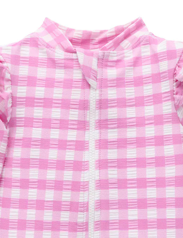 Purebaby Girls Swimwear Grape Gingham Frilly Long Sleeve Swimsuit