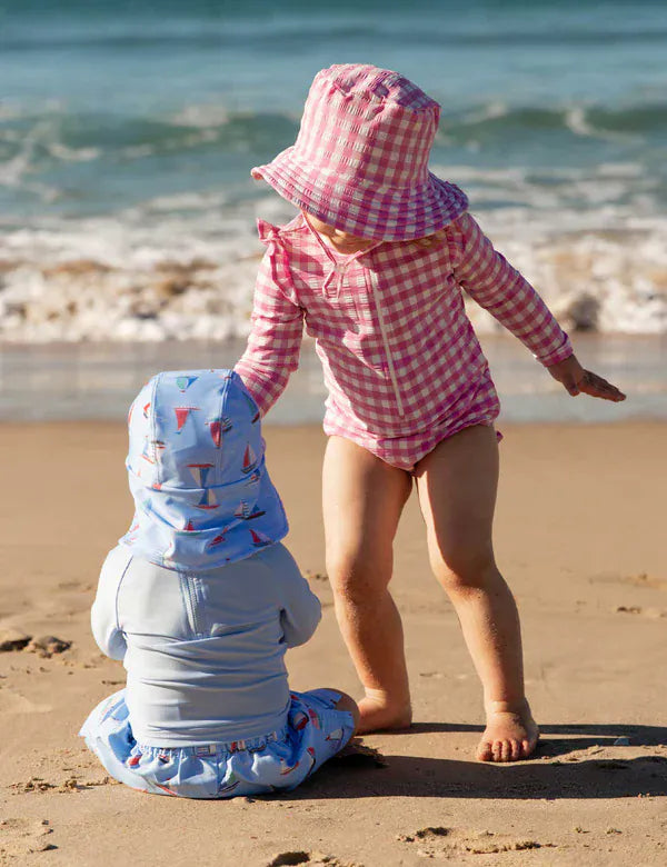 Purebaby Girls Swimwear Grape Gingham Frilly Long Sleeve Swimsuit