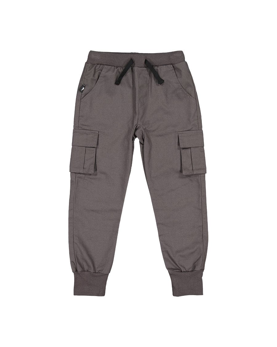 Boys cargo pant in charcoal color from Radicool Dude, featuring multiple pockets and a relaxed fit.