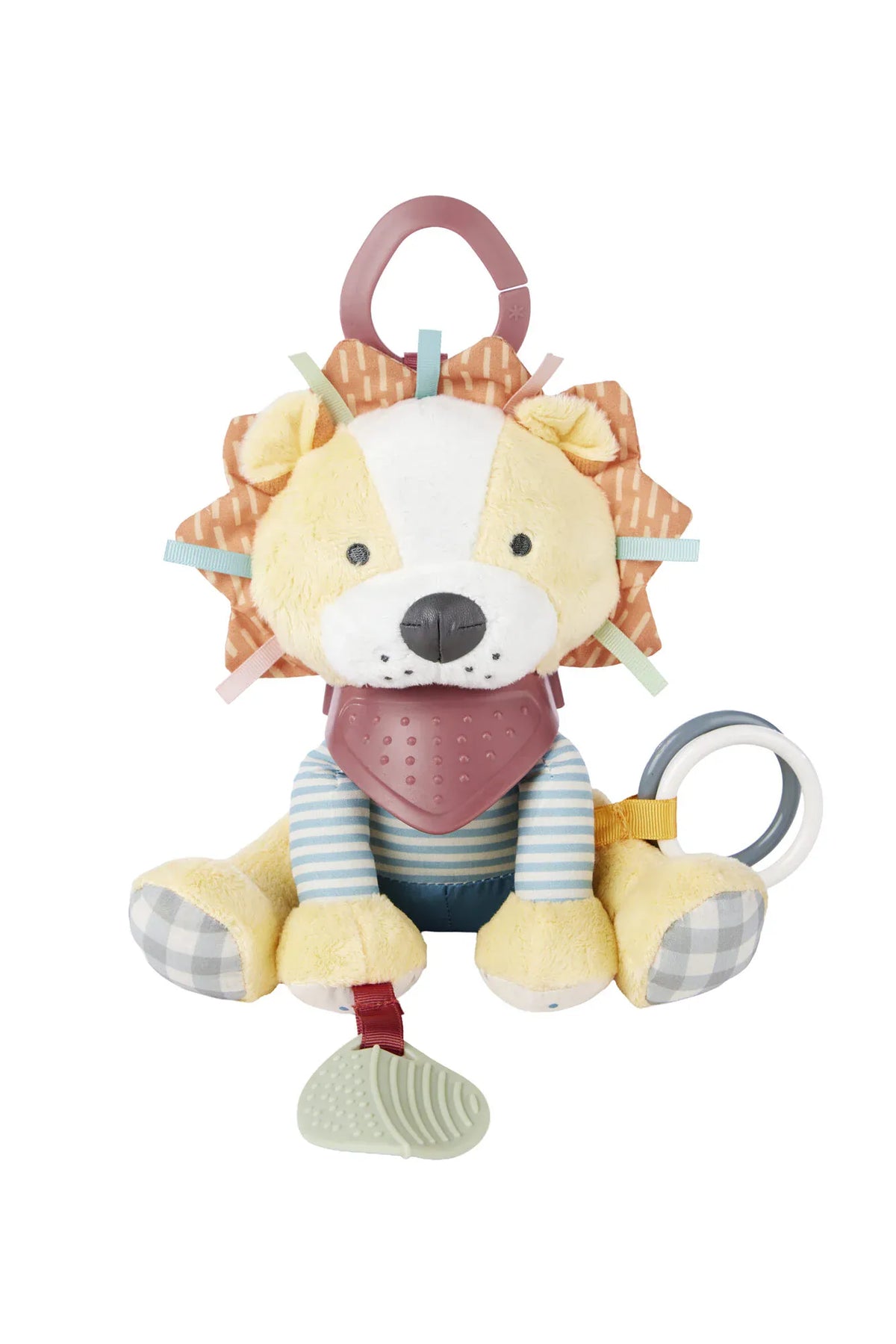 Skip Hop Bandana Buddies Lion activity toy with colorful fabric, soft plush, and textured elements for sensory play.
