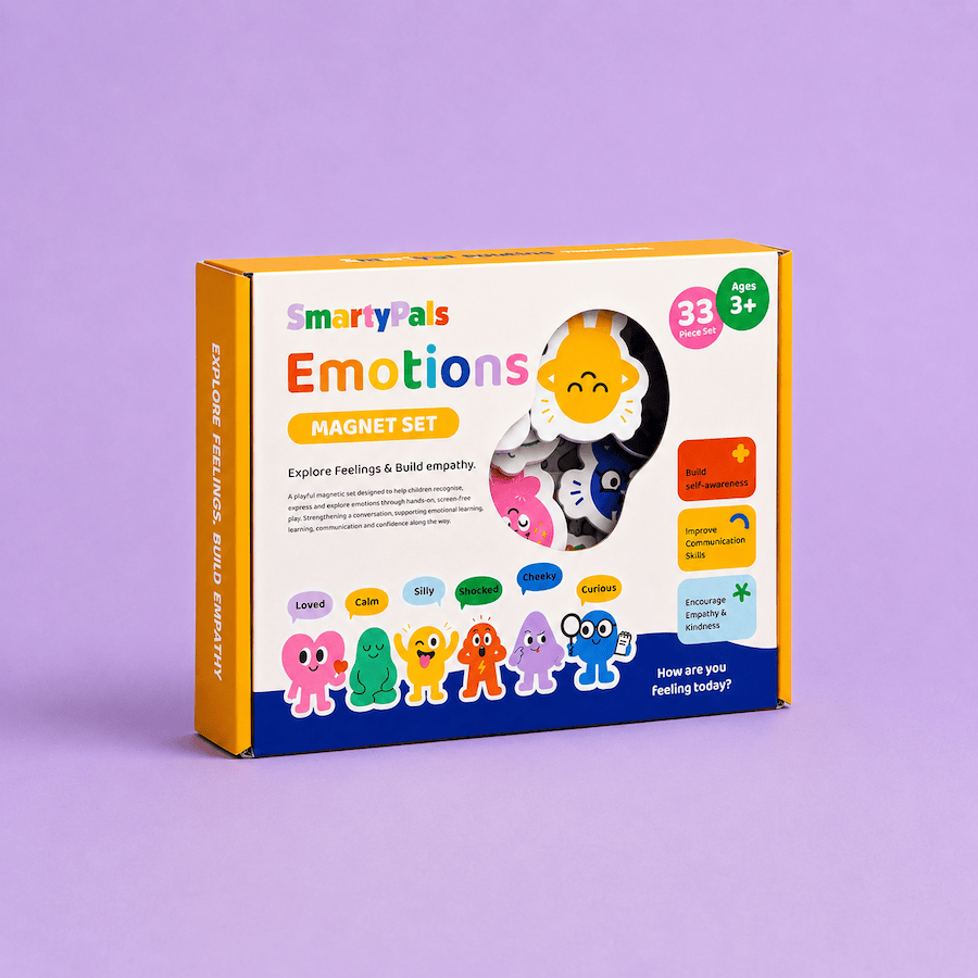 Smartypals Emotions Magnet Set featuring colorful magnetic emotion faces for kids' educational play and emotional learning.