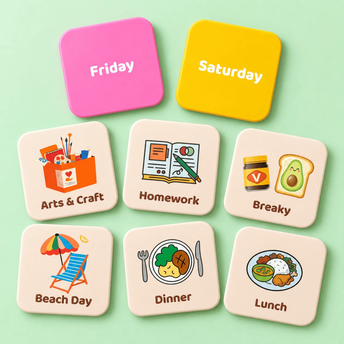 Smartypals Magnetic Routine Set for Kids featuring colorful magnetic figures and routine cards on a white background.
