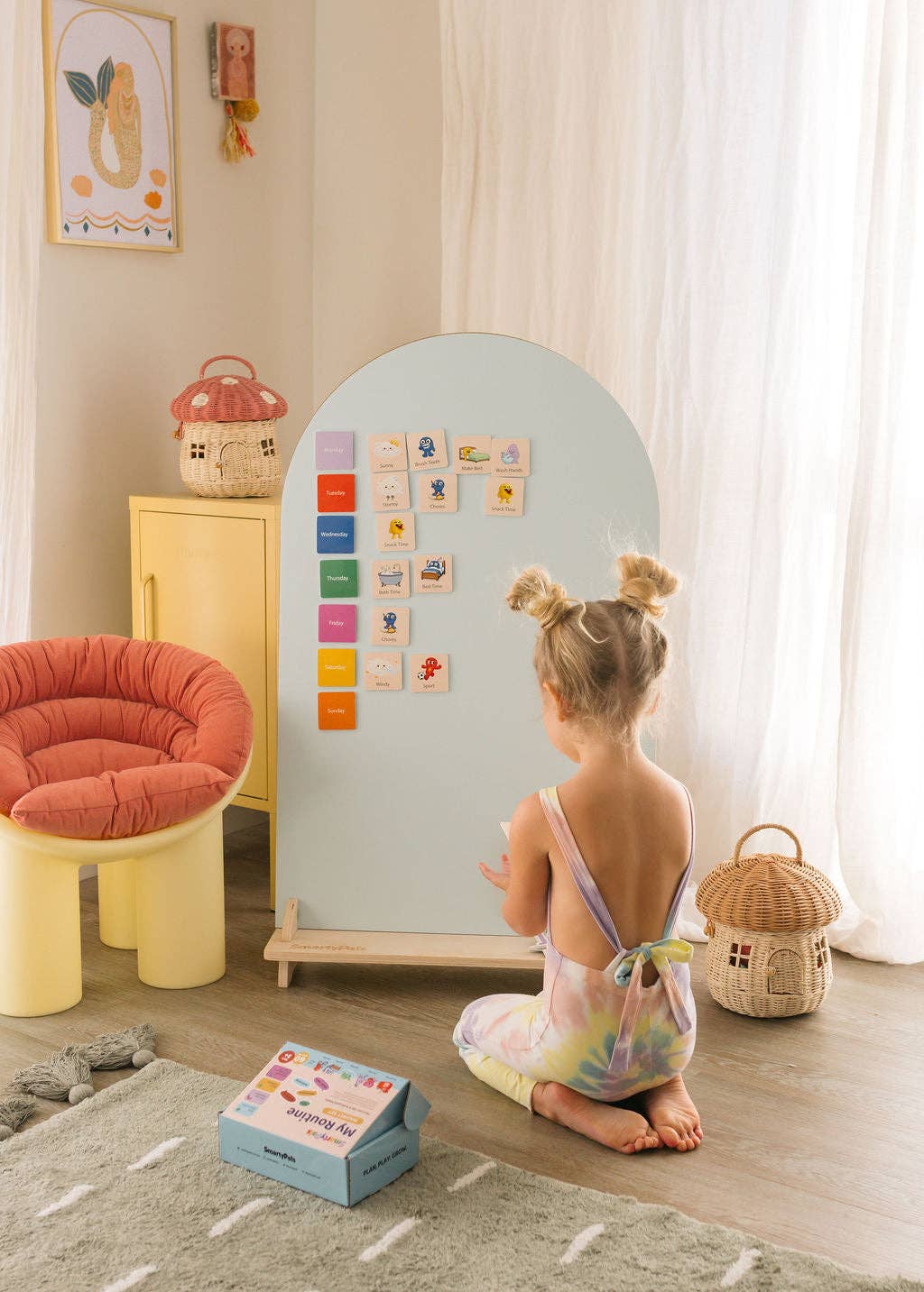 Smartypals magnetic routine set for kids with colorful magnets on a white background, educational toy for daily schedule organization.