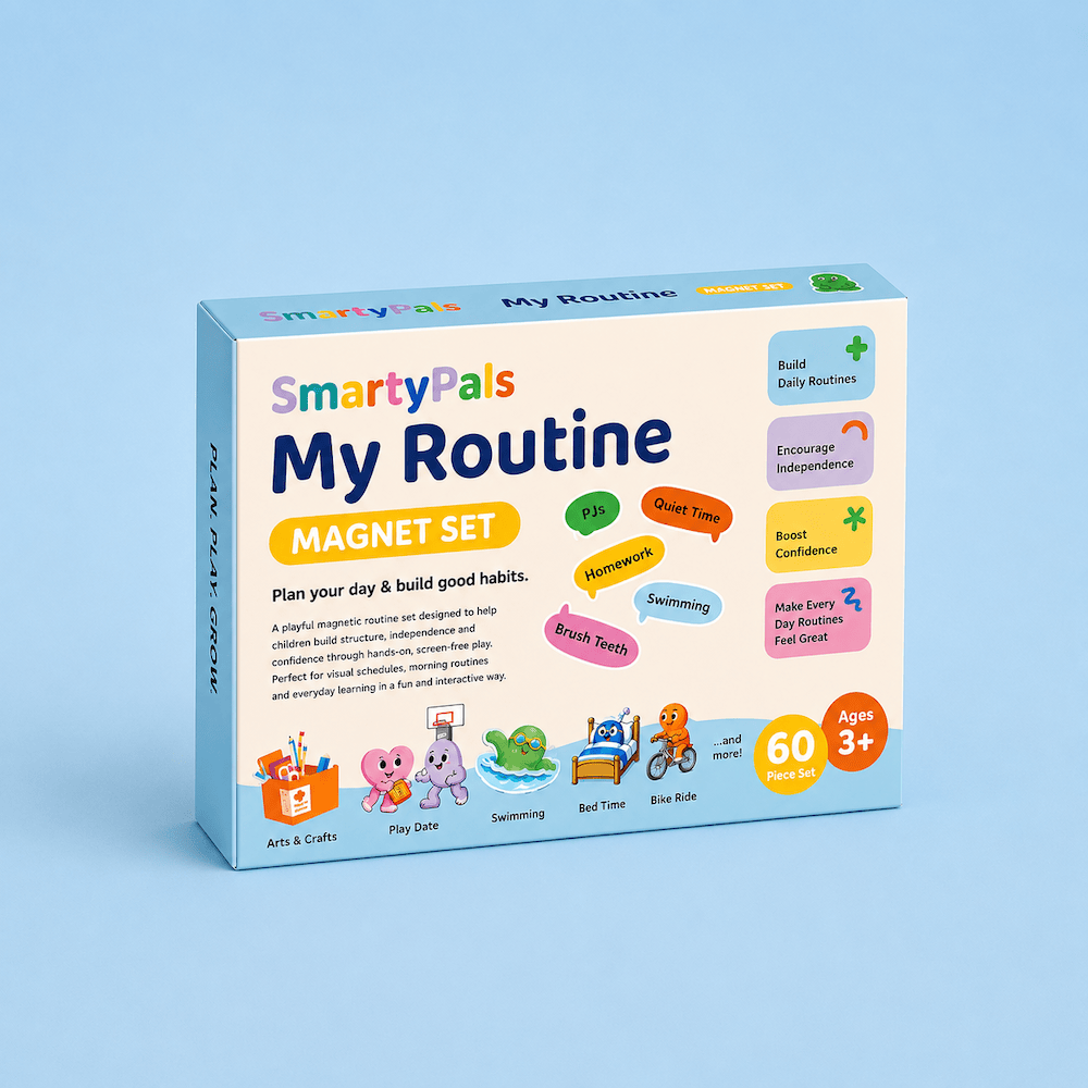 Colorful Smartypals magnetic routine set for kids with toy magnets and daily activity cards, designed to encourage learning and organization.