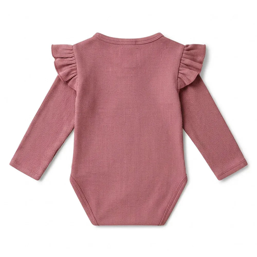 Snuggle Hunny Kids Girls Onesie Jewel Pink Rib Long Sleeve Organic Bodysuit with Frill
