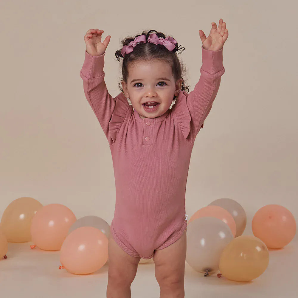 Snuggle Hunny Kids Girls Onesie Jewel Pink Rib Long Sleeve Organic Bodysuit with Frill