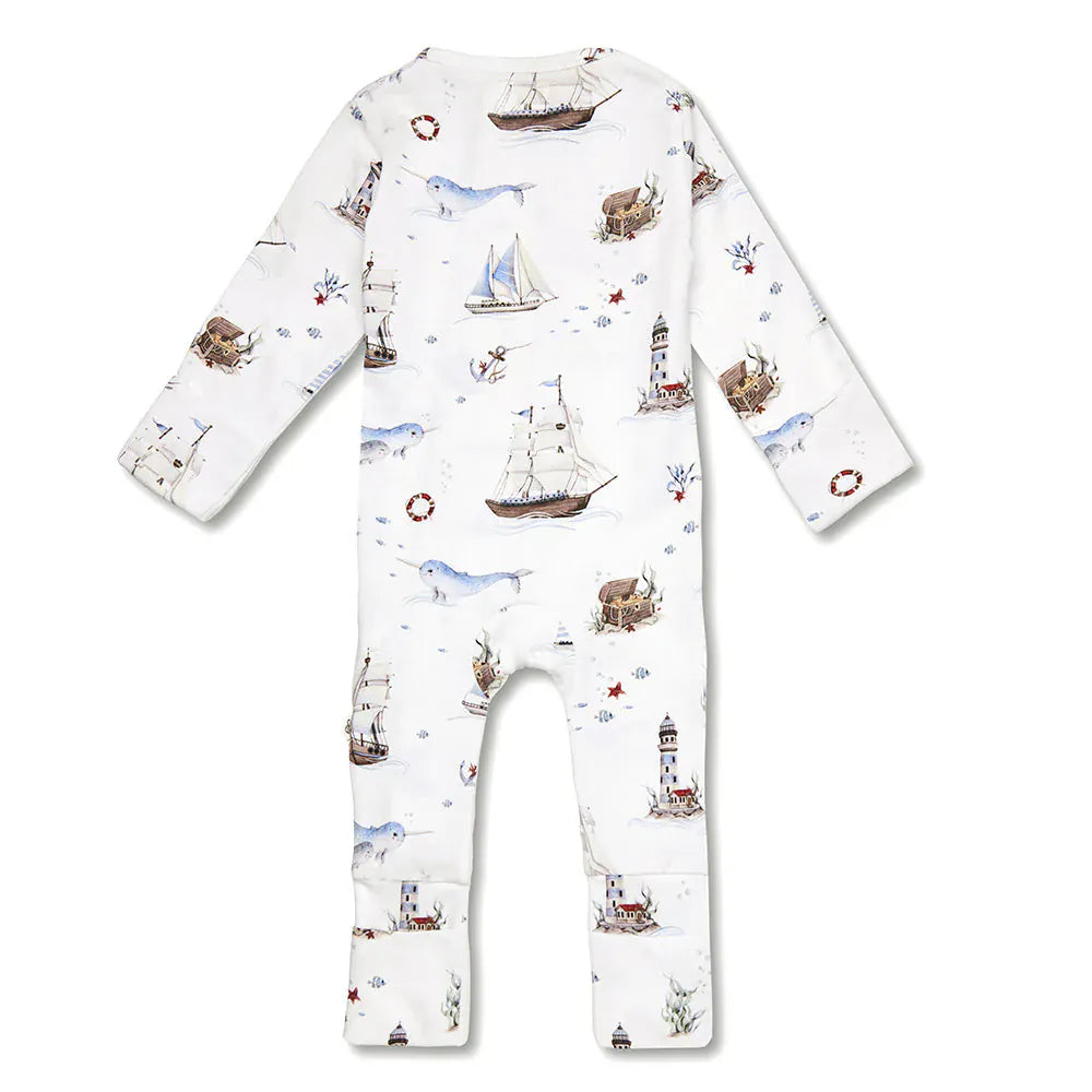 Girls Snuggle Hunny Kids Set Sail Organic Snugglesuit convertible romper, soft fabric, with playful sailboat print and snap closures.