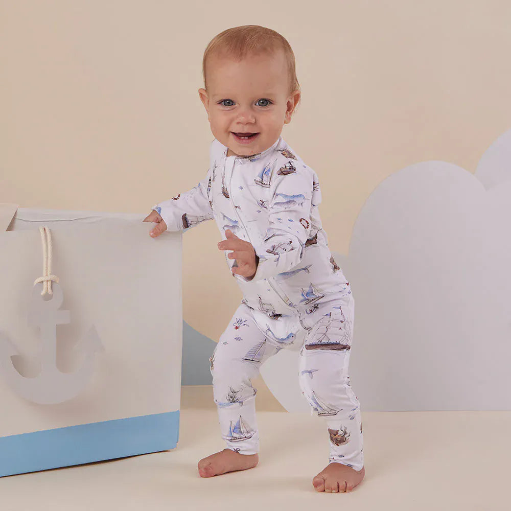 Girls Snuggle Hunny Kids organic Snugglesuit convertible romper with sailboat print, soft fabric, and comfortable fit.
