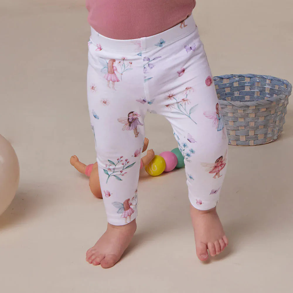 Girls' Fairy Garden organic leggings by Snuggle Hunny Kids, featuring colorful fairy and floral patterns for comfortable play.