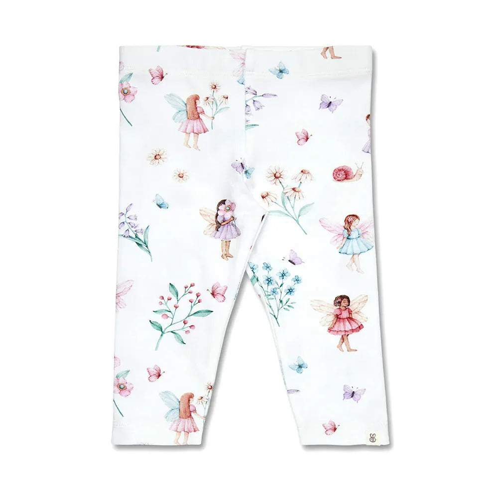 Girls' Fairy Garden Organic Leggings by Snuggle Hunny Kids, featuring colorful fairy and floral print on soft fabric.