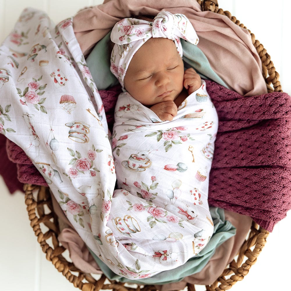 Snuggle Hunny Kids Linen Sheets Alice's Tea Party Organic Muslin Wrap