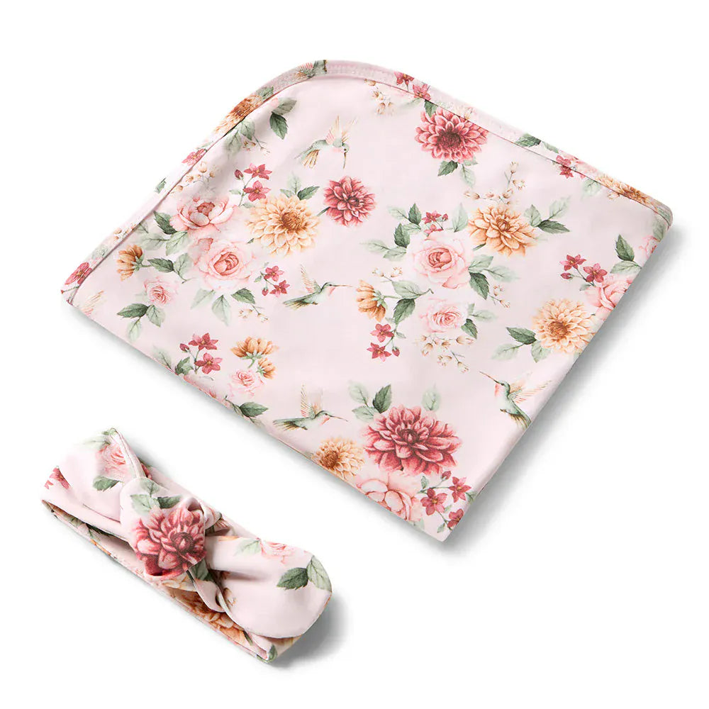 Snuggle Hunny Kids Linen Sheets Birds & Blooms Organic Jersey Wrap & Topknot Set
