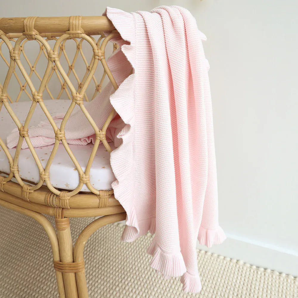 Snuggle Hunny Kids Linen Sheets Blush Pink Ruffle Knit Organic Baby Blanket