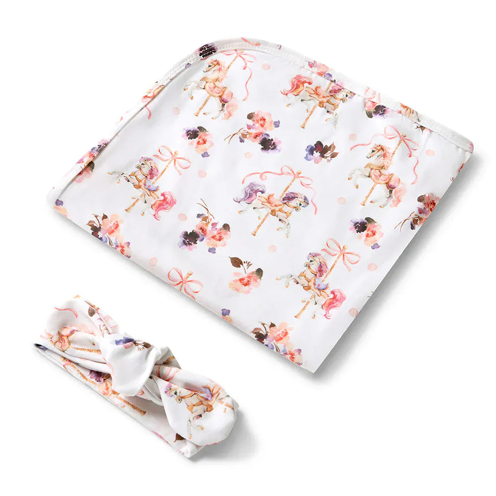 Snuggle Hunny Kids Linen Sheets Carousel Organic Jersey Wrap & Topknot Set
