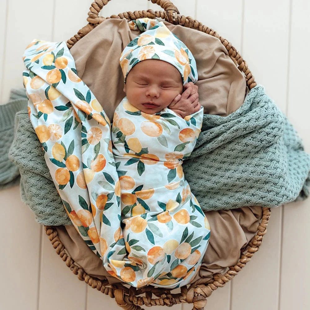 Snuggle Hunny Kids Linen Sheets Citrus Squeeze Organic Jersey Wrap & Beanie Set