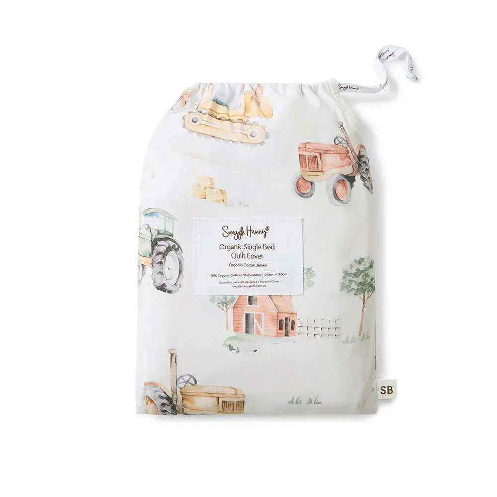 Snuggle Hunny Kids Linen Sheets Diggers & Tractors Organic Cotton Quilt Cover - Single Bed
