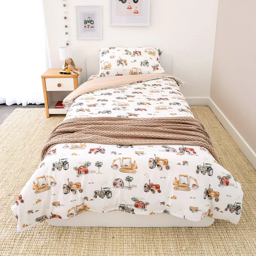 Snuggle Hunny Kids Linen Sheets Diggers & Tractors Organic Cotton Quilt Cover - Single Bed