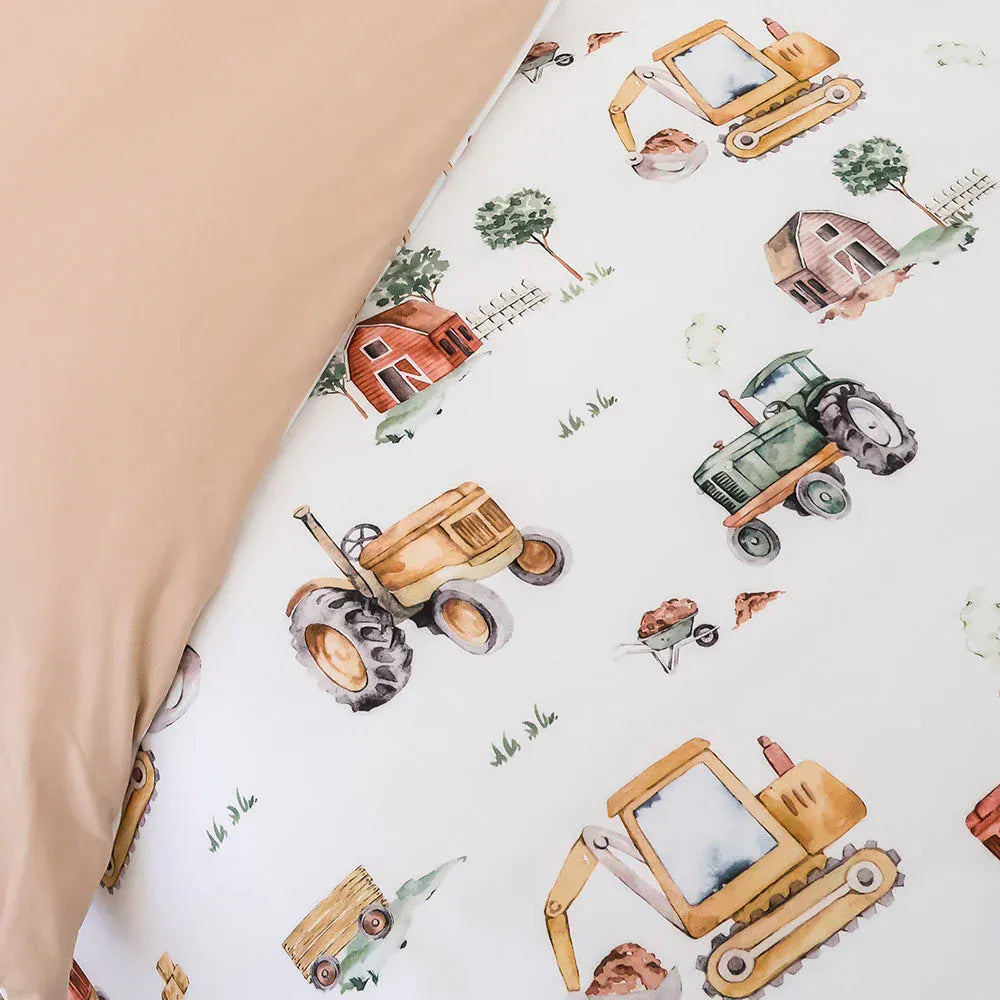 Snuggle Hunny Kids Linen Sheets Diggers & Tractors Organic Cotton Quilt Cover - Single Bed