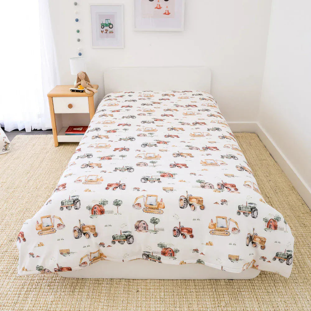 Snuggle Hunny Kids Linen Sheets Diggers & Tractors Organic Cotton Quilt Cover - Single Bed