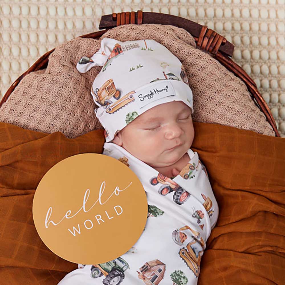 Snuggle Hunny Kids Linen Sheets Diggers & Tractors Organic Jersey Wrap & Beanie Set