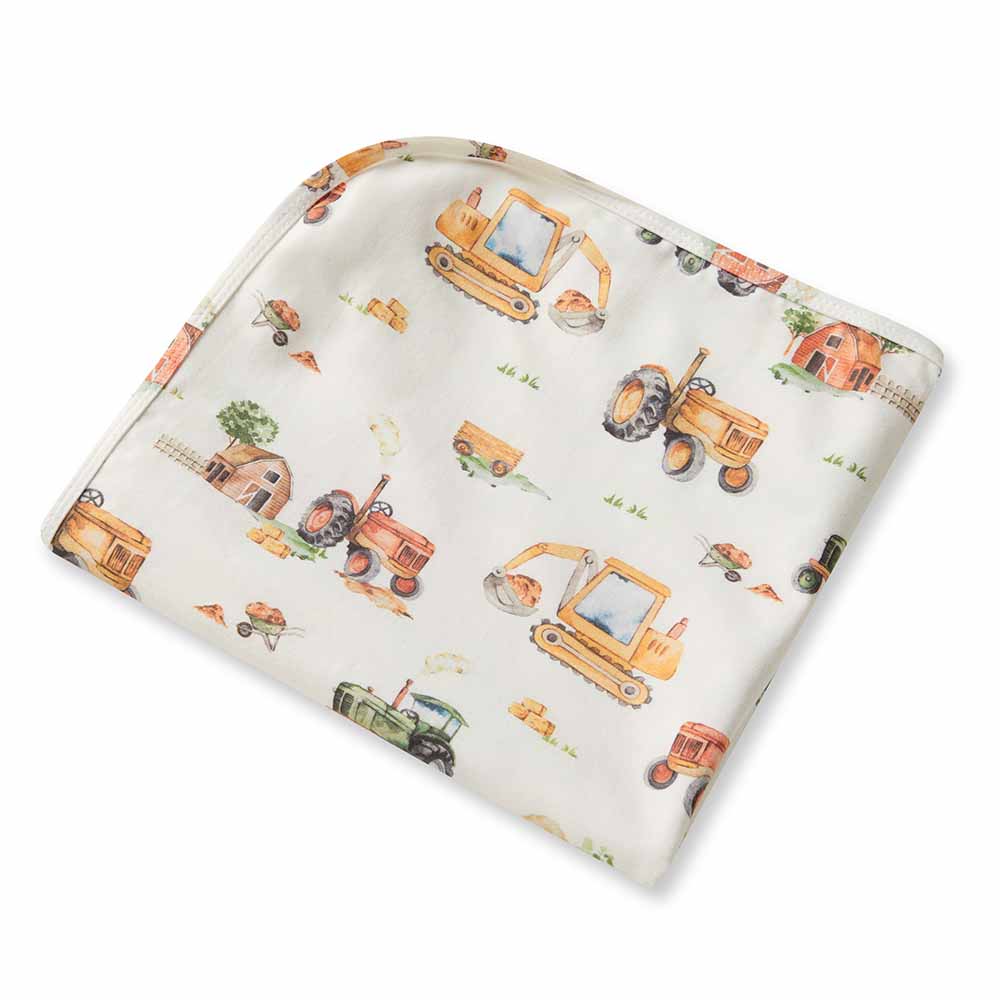 Snuggle Hunny Kids Linen Sheets Diggers & Tractors Organic Jersey Wrap & Beanie Set