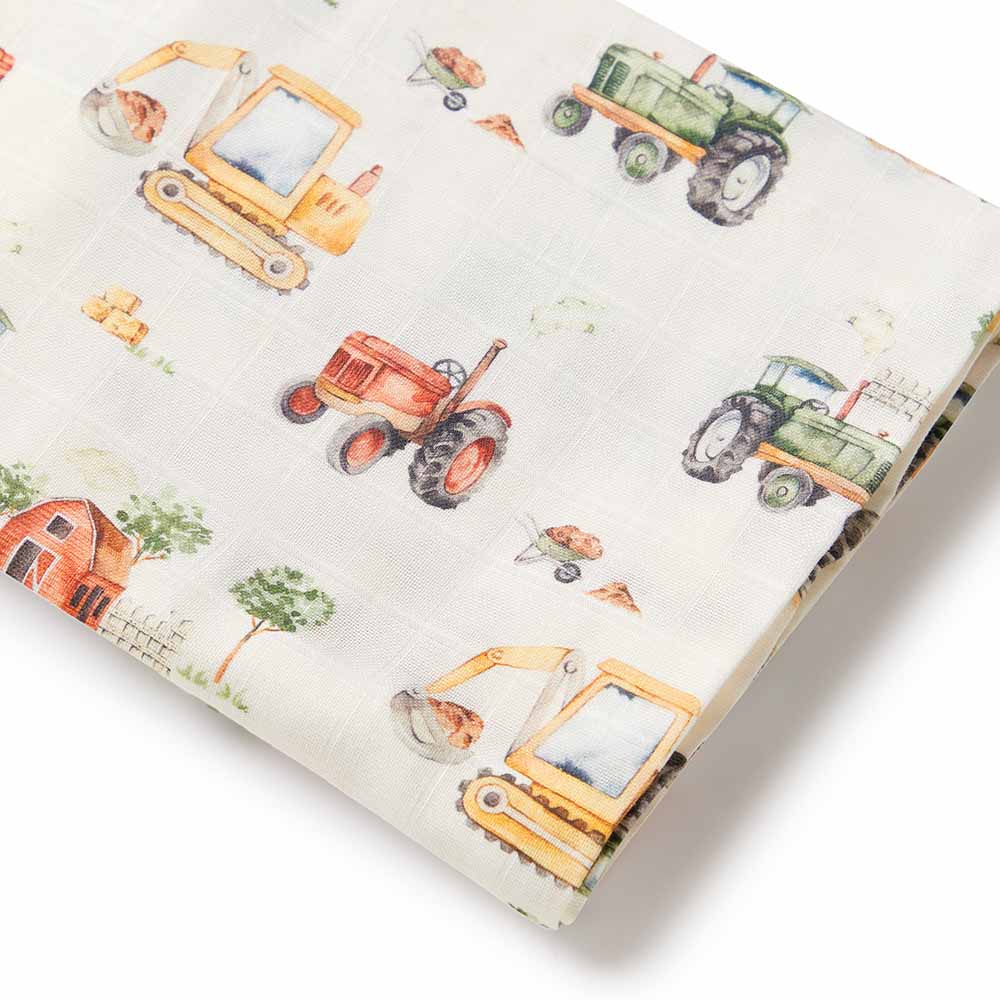 Snuggle Hunny Kids Linen Sheets Diggers & Tractors Organic Muslin Wrap