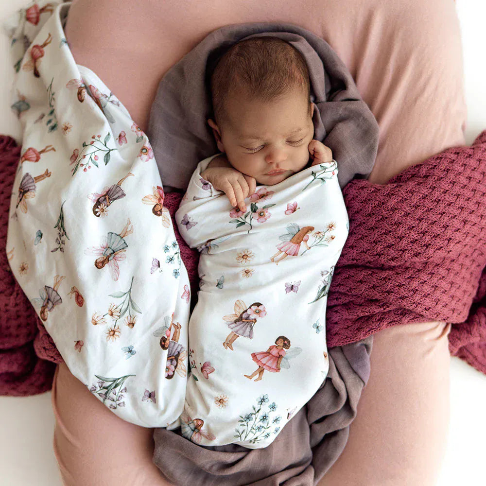 Snuggle Hunny Kids Linen Sheets Fairy Garden Organic Jersey Wrap & Topknot Set