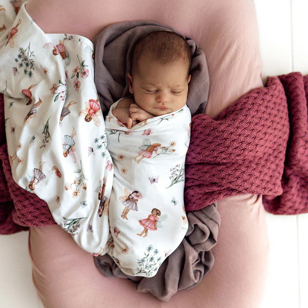 Snuggle Hunny Kids Linen Sheets Fairy Garden Organic Jersey Wrap & Topknot Set