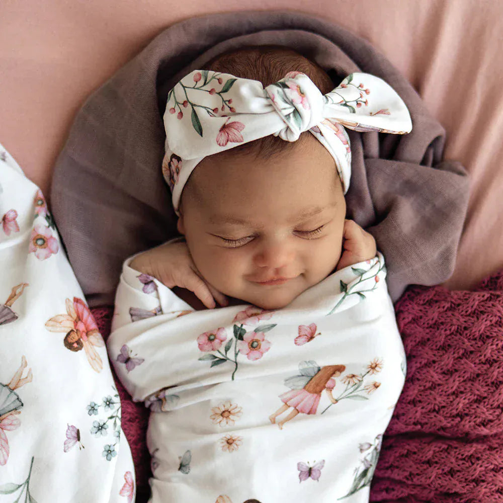 Snuggle Hunny Kids Linen Sheets Fairy Garden Organic Jersey Wrap & Topknot Set