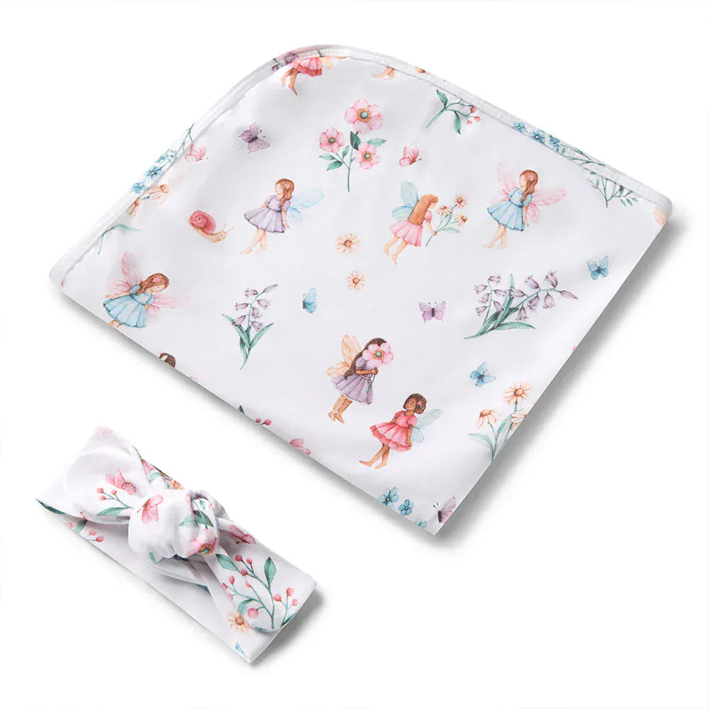 Snuggle Hunny Kids Linen Sheets Fairy Garden Organic Jersey Wrap & Topknot Set