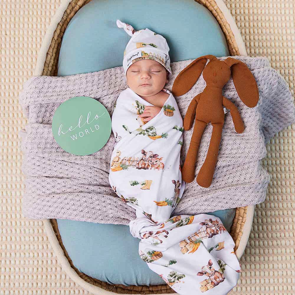 Snuggle Hunny Kids Linen Sheets Farm Organic Jersey Wrap & Beanie Set