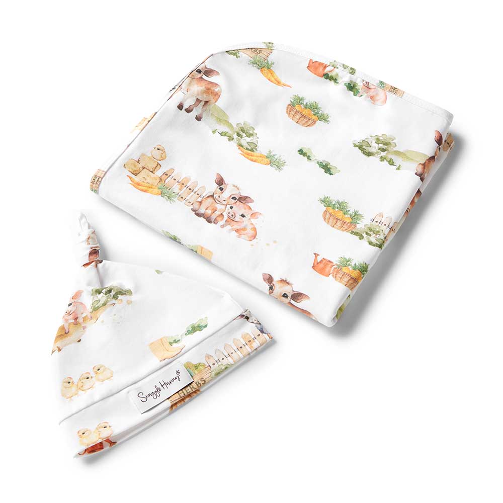 Snuggle Hunny Kids Linen Sheets Farm Organic Jersey Wrap & Beanie Set