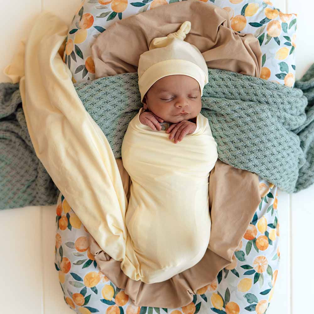 Snuggle Hunny Kids Linen Sheets Lemon Sorbet Organic Jersey Wrap & Beanie Set