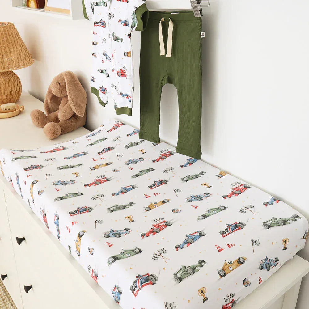 Snuggle Hunny Kids Linen Sheets Little Racers Organic Bassinet Sheet / Change Pad Cover
