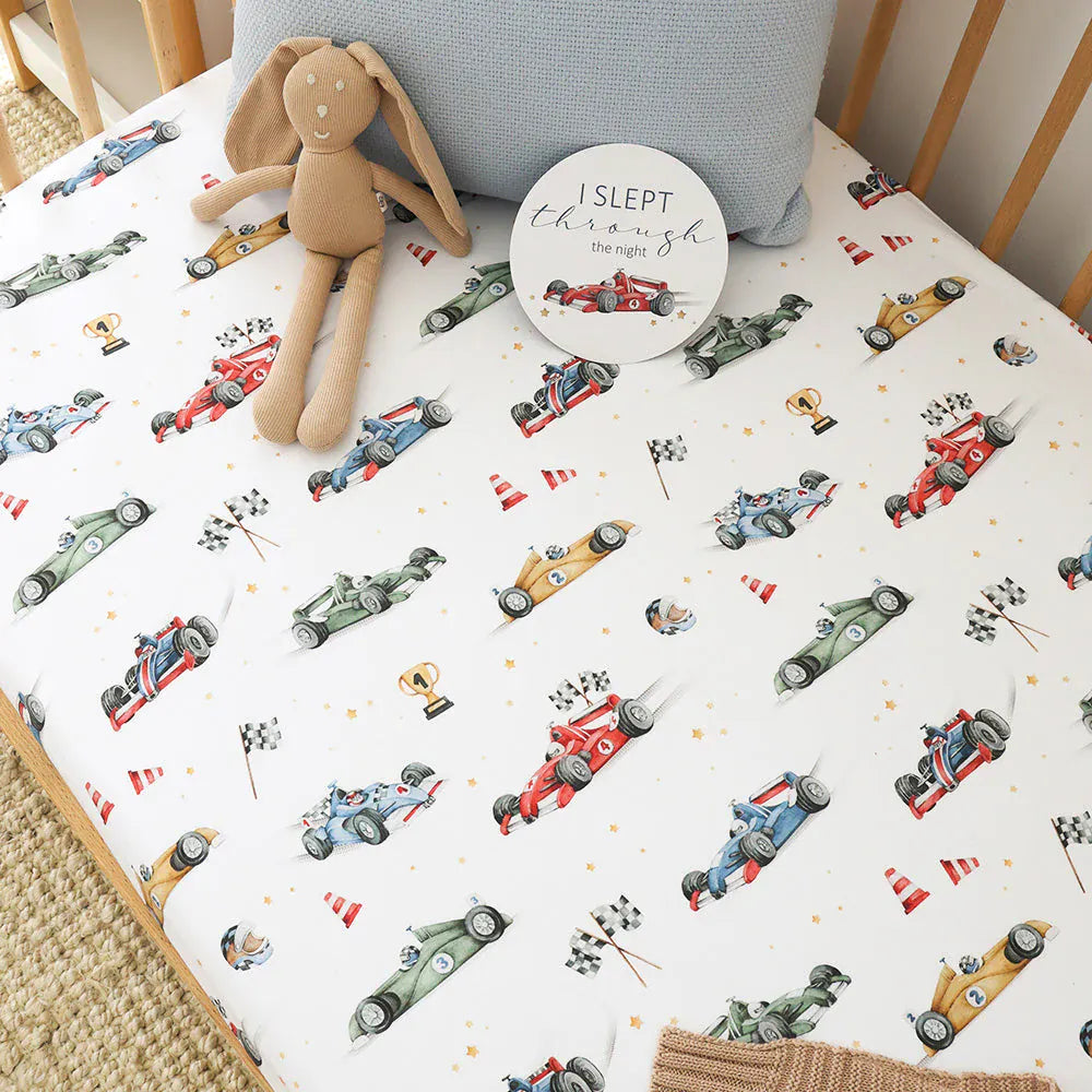 Snuggle Hunny Kids Linen Sheets Little Racers Organic Fitted Cot Sheet