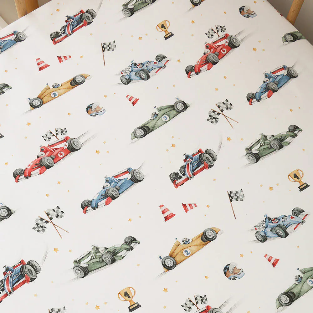 Snuggle Hunny Kids Linen Sheets Little Racers Organic Fitted Cot Sheet