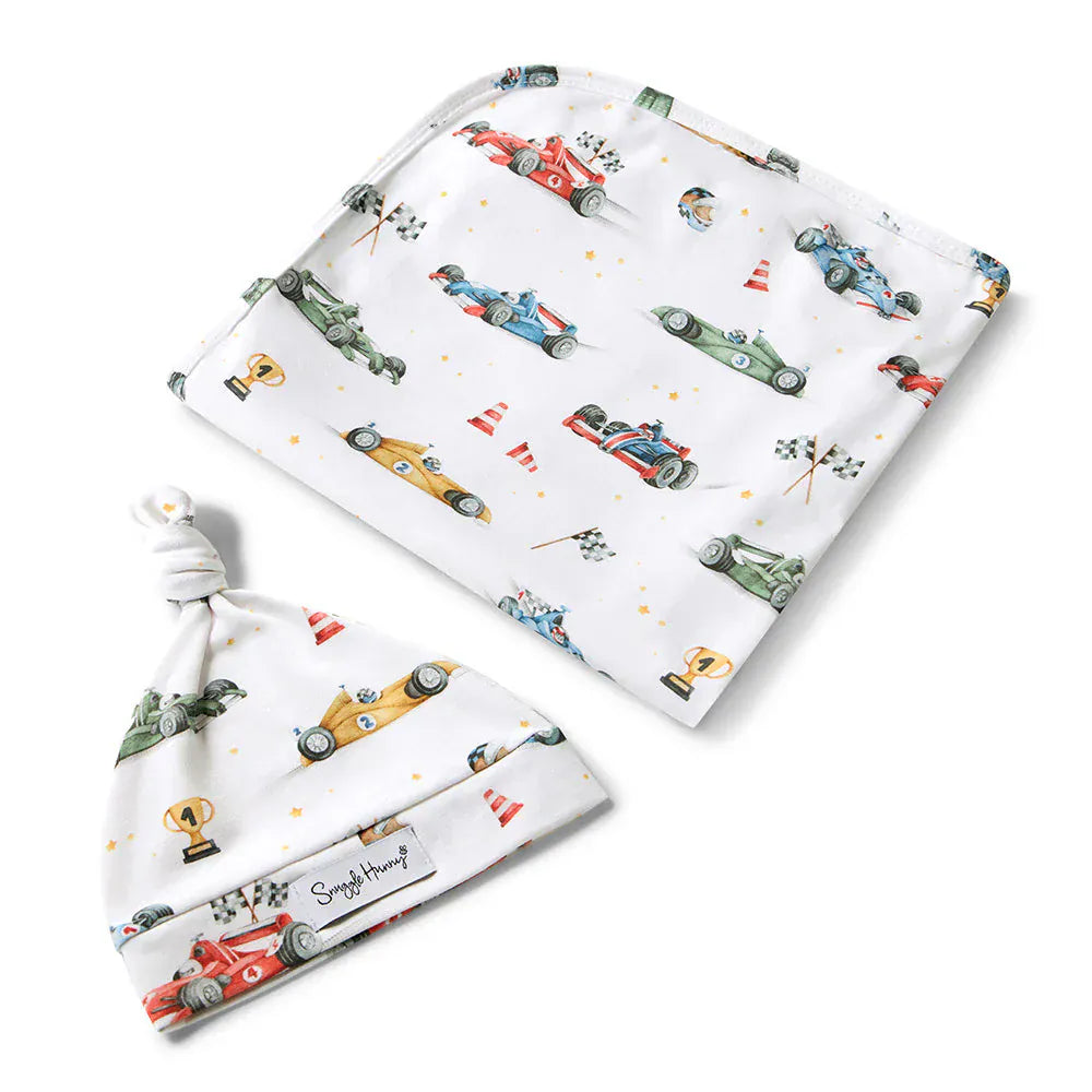 Snuggle Hunny Kids Linen Sheets Little Racers Organic Jersey Wrap & Beanie Set