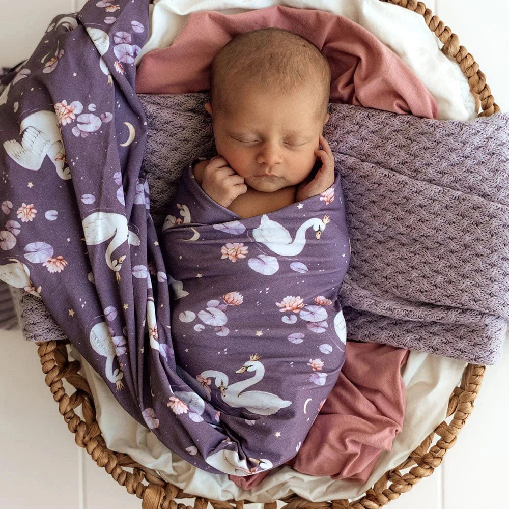 Snuggle Hunny Kids Linen Sheets Midnight Swan Organic Jersey Wrap & Topknot Set