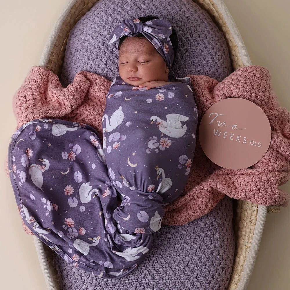 Snuggle Hunny Kids Linen Sheets Midnight Swan Organic Jersey Wrap & Topknot Set