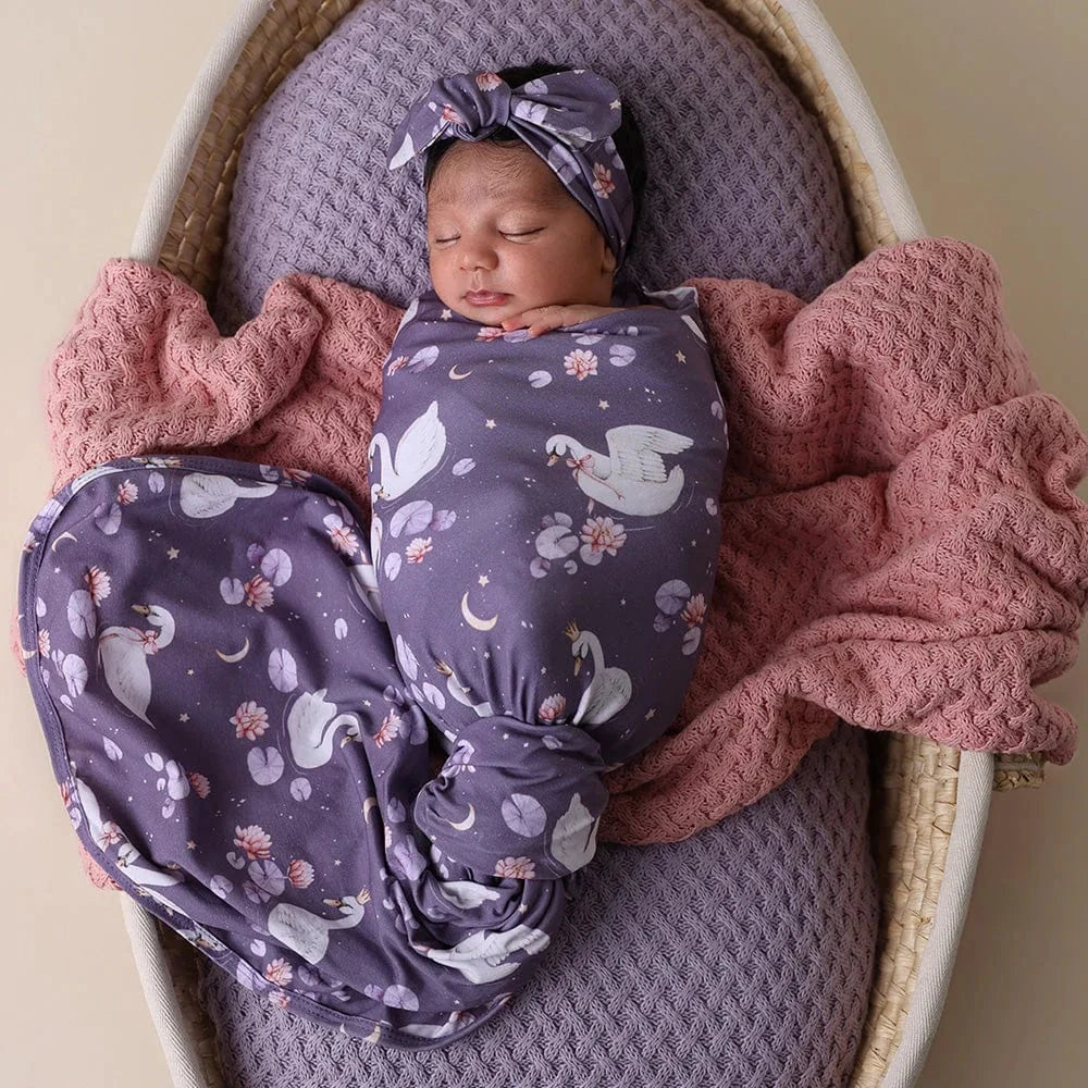 Snuggle Hunny Kids Linen Sheets Midnight Swan Organic Jersey Wrap & Topknot Set