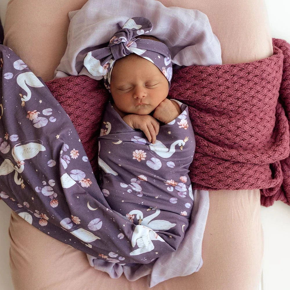 Snuggle Hunny Kids Linen Sheets Midnight Swan Organic Jersey Wrap & Topknot Set