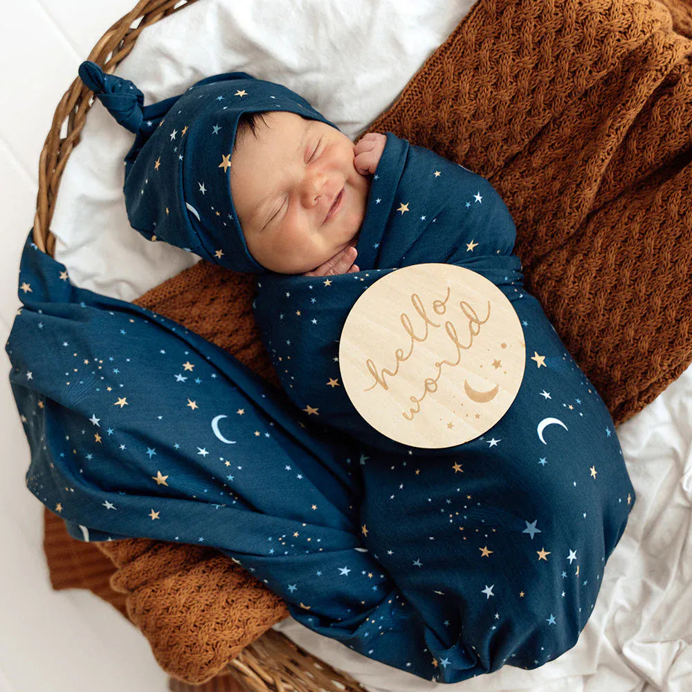 Snuggle Hunny Kids Linen Sheets Starry Night Organic Jersey Wrap & Beanie Set