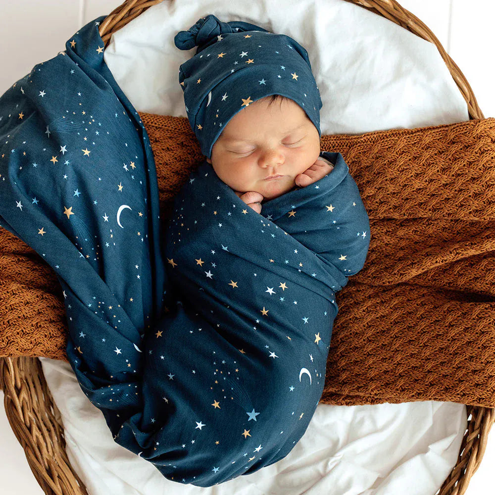 Snuggle Hunny Kids Linen Sheets Starry Night Organic Jersey Wrap & Beanie Set
