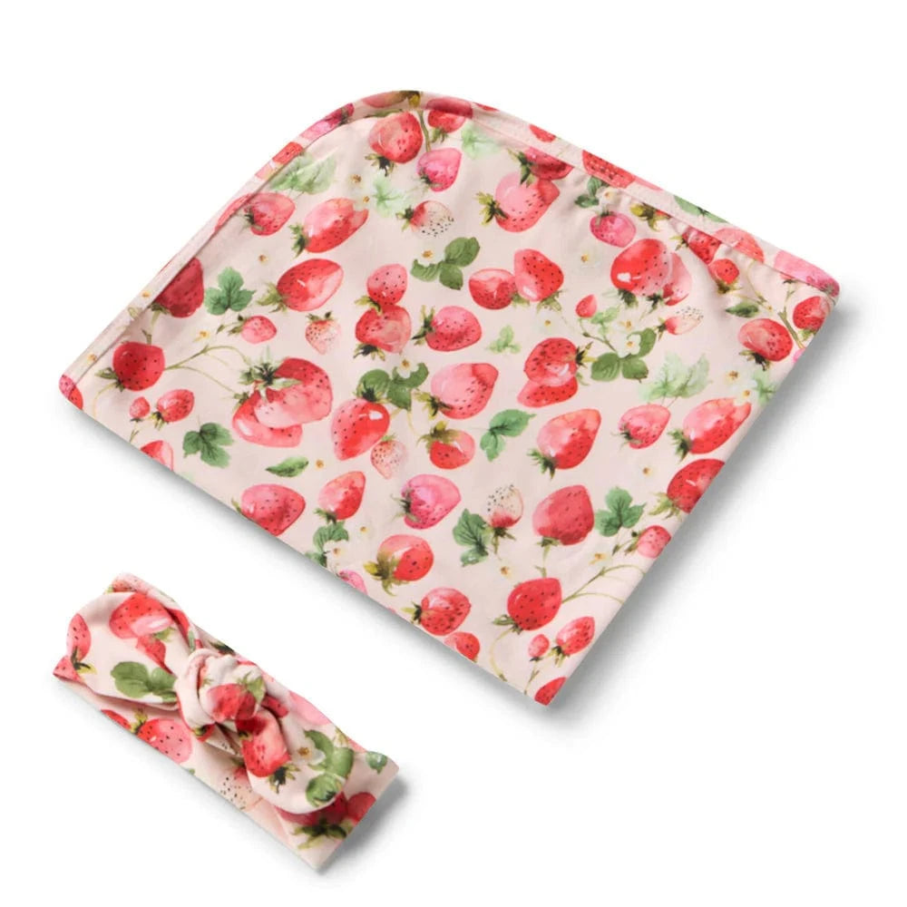 Snuggle Hunny Kids Linen Sheets Strawberry Organic Jersey Wrap & Topknot Set