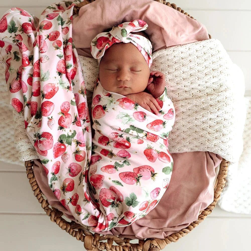 Snuggle Hunny Kids Linen Sheets Strawberry Organic Jersey Wrap & Topknot Set