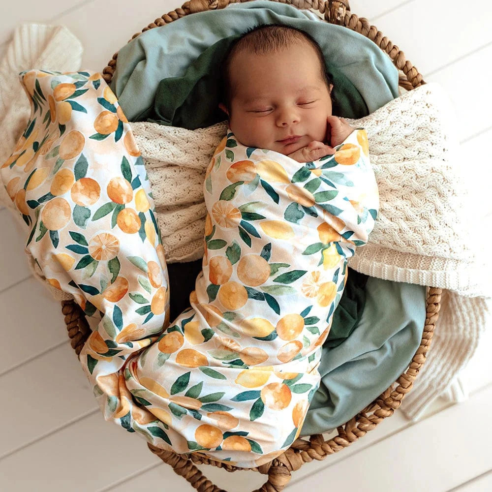Snuggle Hunny Kids Linen Sheets Sunny Citrus Organic Jersey Wrap & Beanie Set