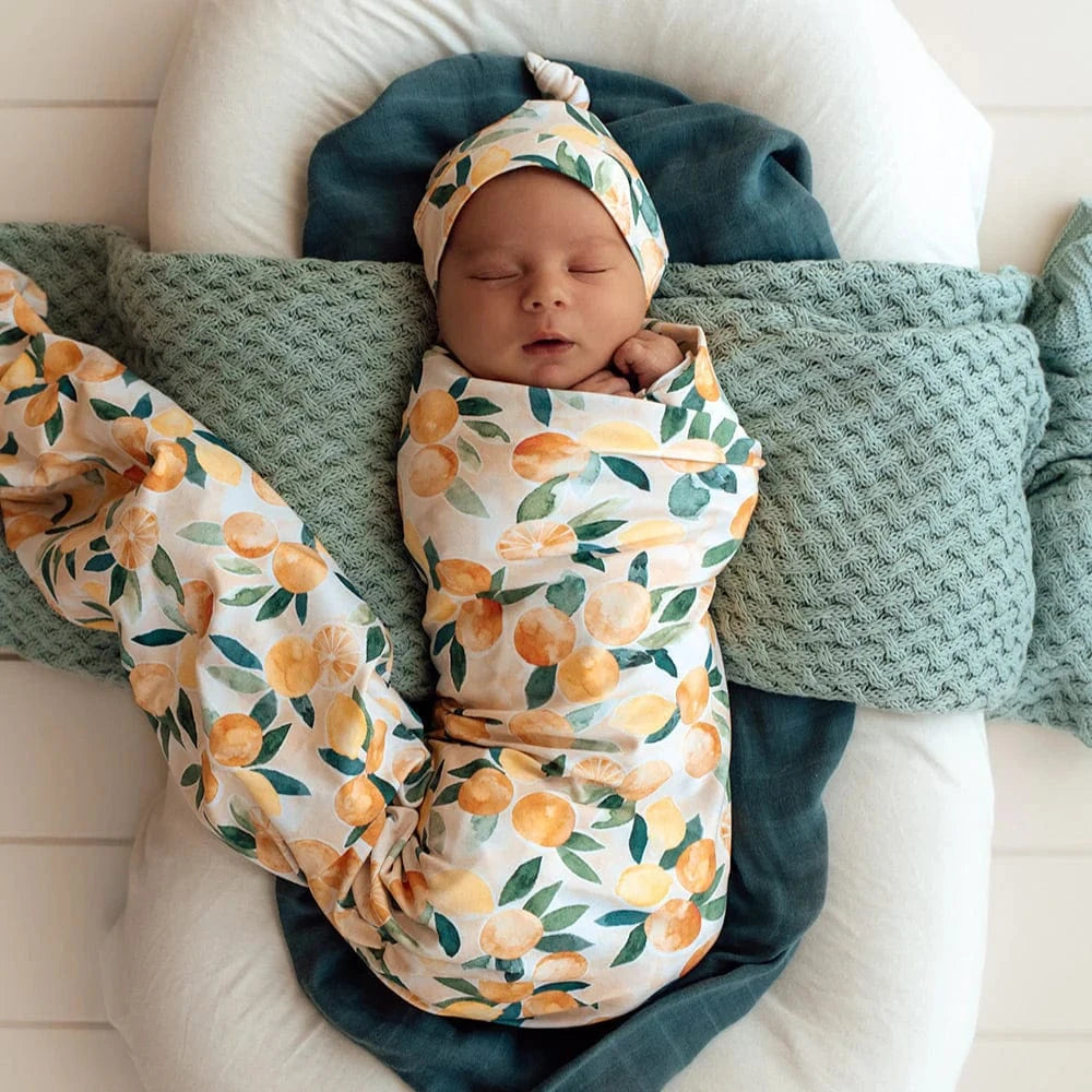 Snuggle Hunny Kids Linen Sheets Sunny Citrus Organic Jersey Wrap & Beanie Set
